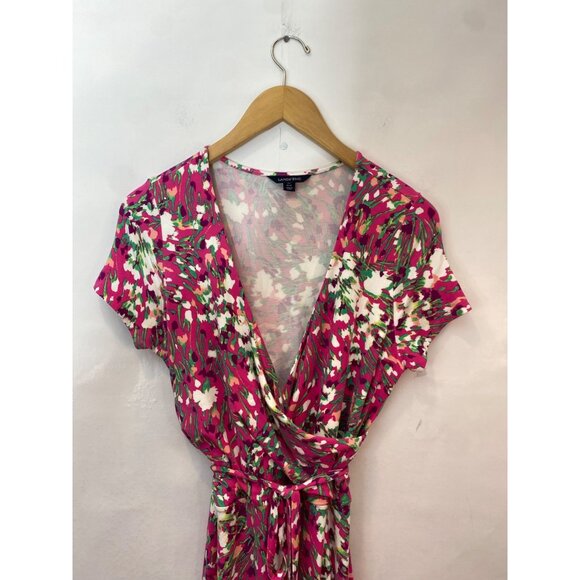 Lands End Women's Faux Wrap Dress V Neck Short Sleeve Floral Pink Size M 10-12 - Picture 2 of 8